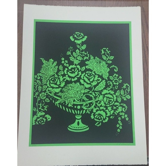 C.S. Shawver Beautiful Green Floral Black Background Art Lithograph Print 7/90